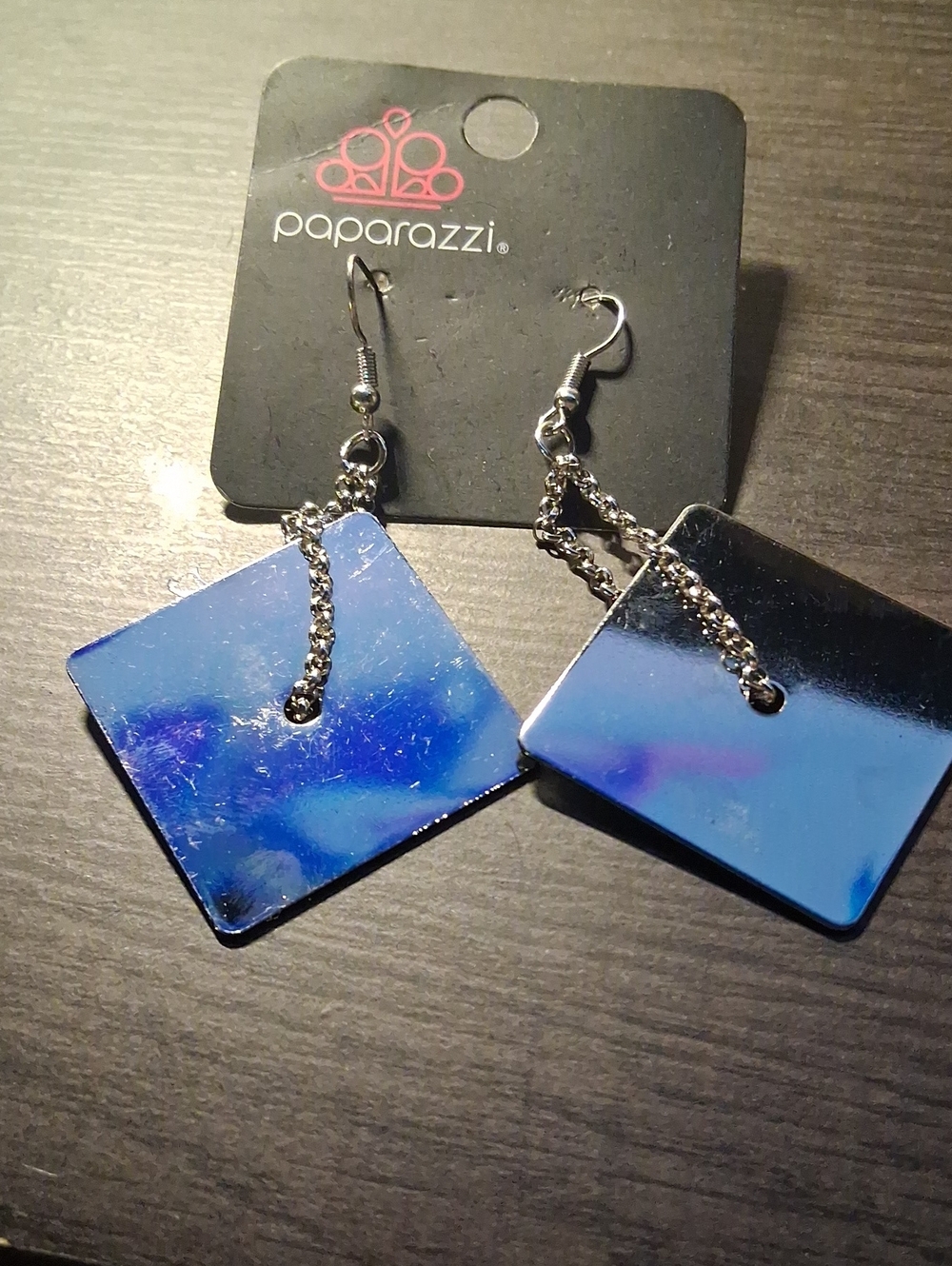 paparazzi Blue Mirror Square Dangle Earrings with Chain